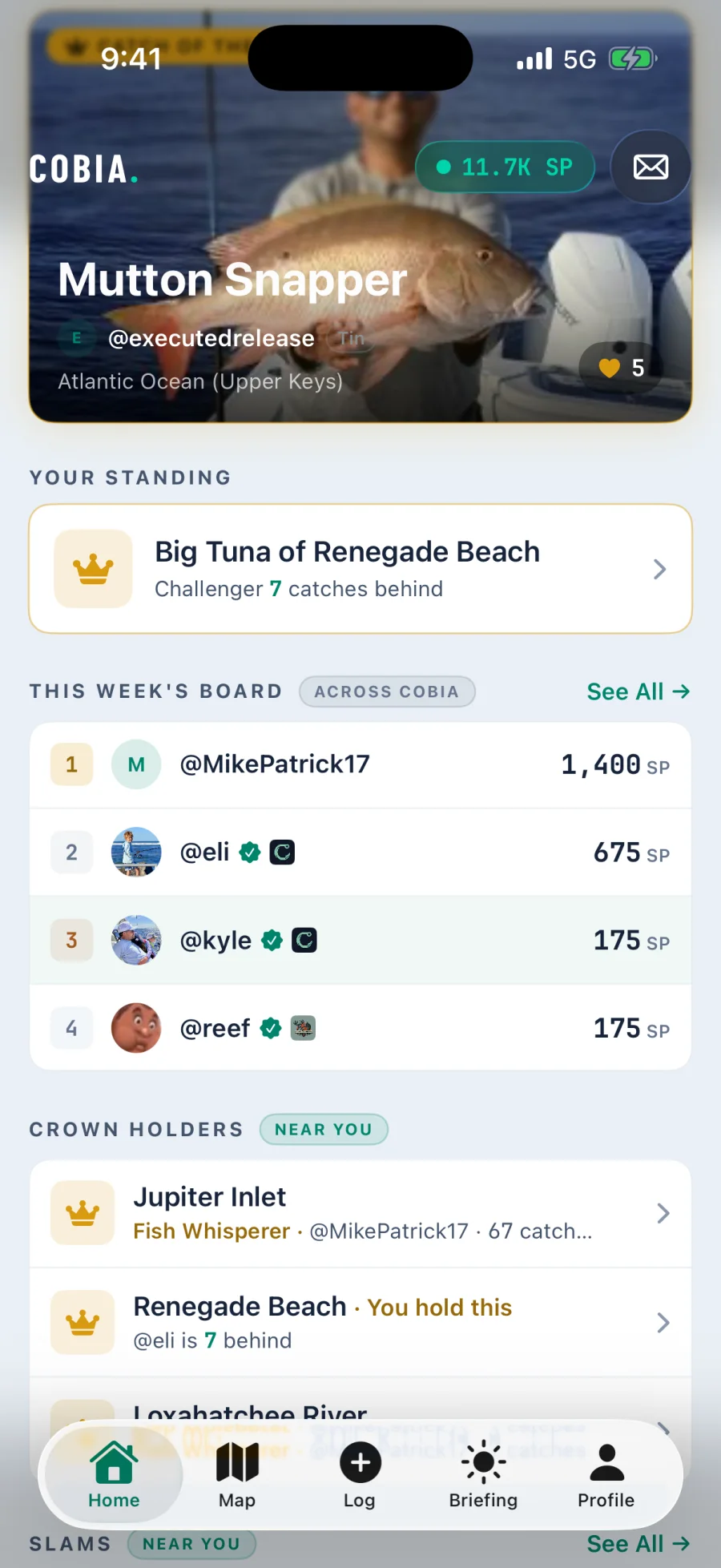 Cobia home showing Big Tuna of Renegade Beach, this week board, and crown holders near you